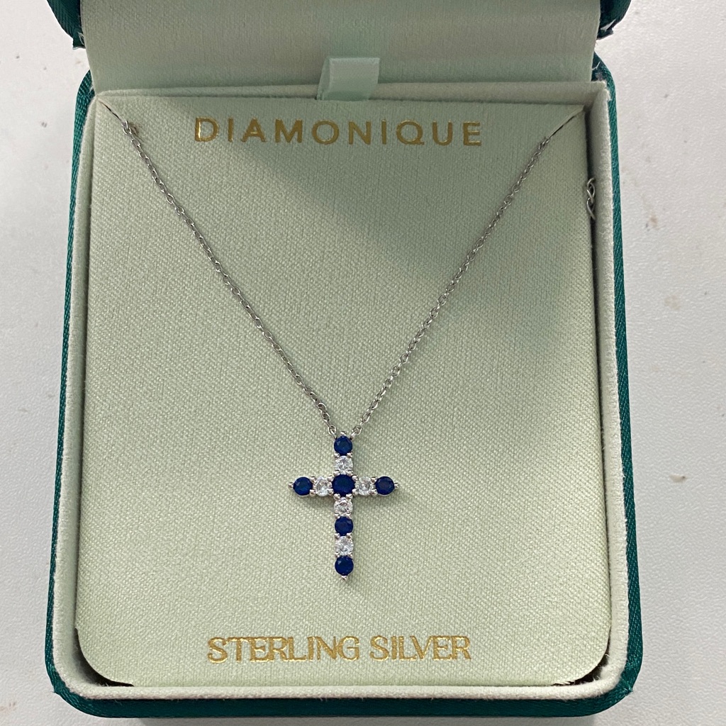 Diamonique Sterling Silver Blue Stone Cross Pendant Necklace 35$